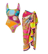 Plus Size Round Neck Shell Print One Piece Swimsuit and Sarong or Skirt