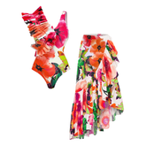 Ruffled Floral Print One Piece Swimsuit and Skirt Flaxmaker