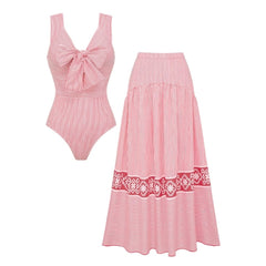 Plus Size Bowknot Striped Print One Piece Swimsuit and Skirt