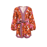 Orange Floral Balloon Sleeve Wrap Romper