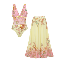V Neck Color Block Printed Swimsuit Set(s)