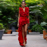Plus Size Red Flower Frilled V Neck One Piece Swimsuit and Skirt