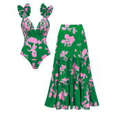 Ruffled Strap Printed One Piece Swimsuit and Skirt Flaxmaker