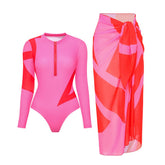 Rash Guard Long Sleeve Zip Front Pink One Piece Surf Swimsuit and Sarong Flaxmaker