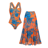 Plus Size Bandeau Color Block Blossom Print Swimsuit Set(s)