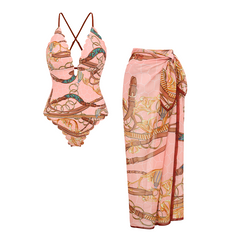V Neck Lace Printed Swimsuit Set(s)