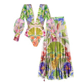 Plus Size V-neck Long Sleeve Flowers Printed One Piece Swimsuit and Skirt