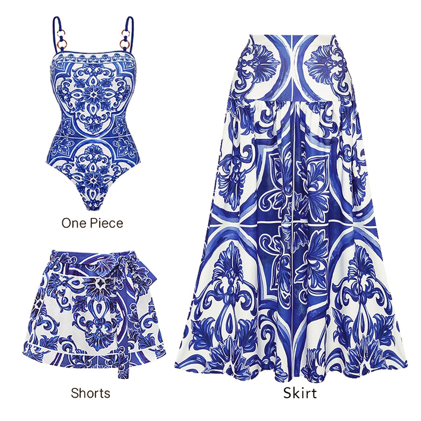 Sling Classic Majolica Series Pattern Print One Piece Swimsuit and Skirt or Shorts