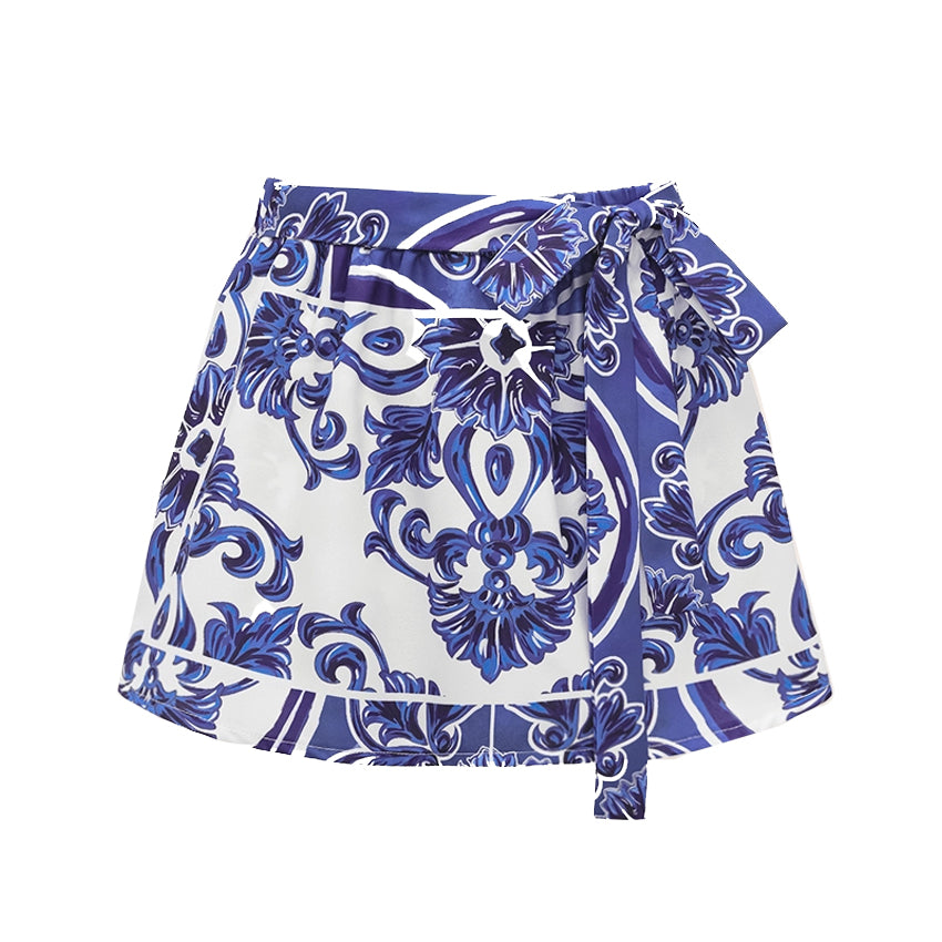 Plus Size Sling Classic Majolica Series Pattern Print One Piece Swimsuit and Skirt or Shorts