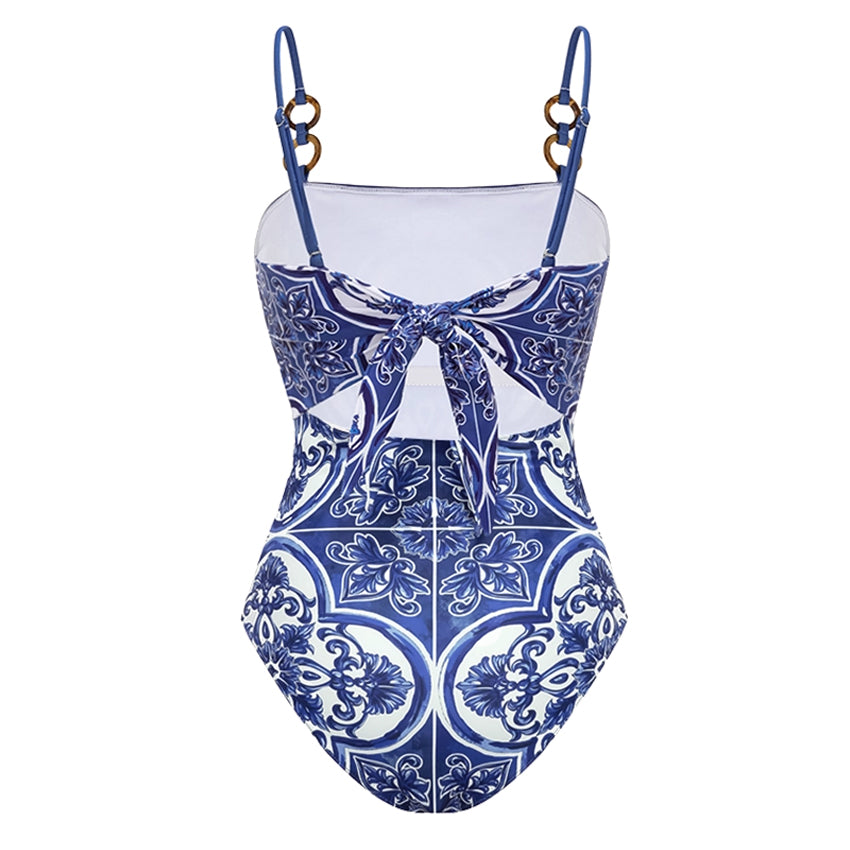 Plus Size Sling Classic Majolica Series Pattern Print One Piece Swimsuit and Skirt or Shorts