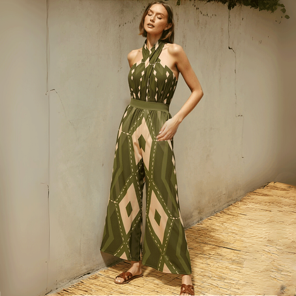 Plus Size Halter Neck Geometric Pattern Print One Piece Swimsuit and Pants