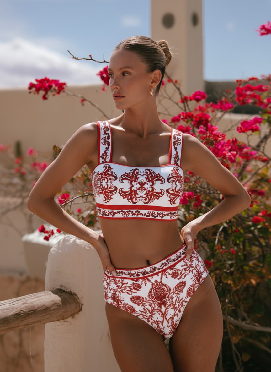 Plus Size Red Flower Totem Pattern Print Bikini and Skirt