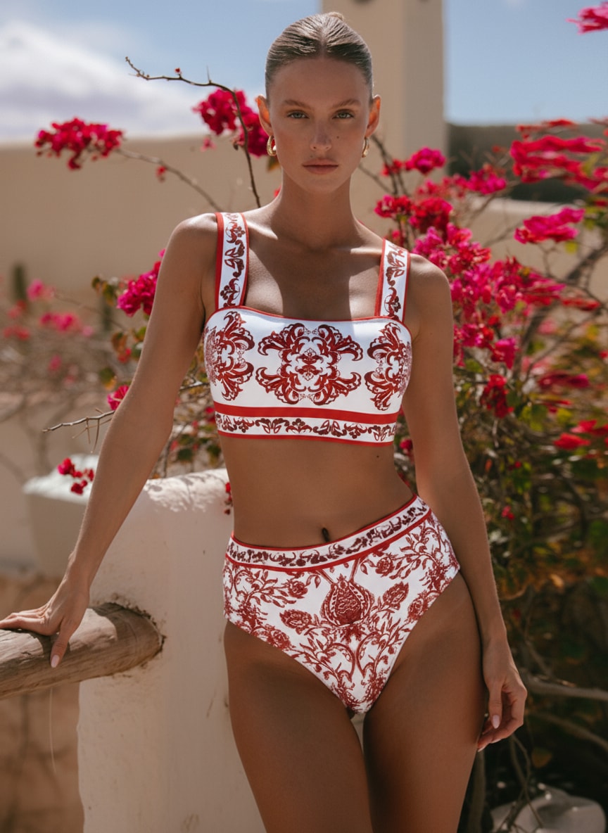Plus Size Red Flower Totem Pattern Print Bikini and Skirt