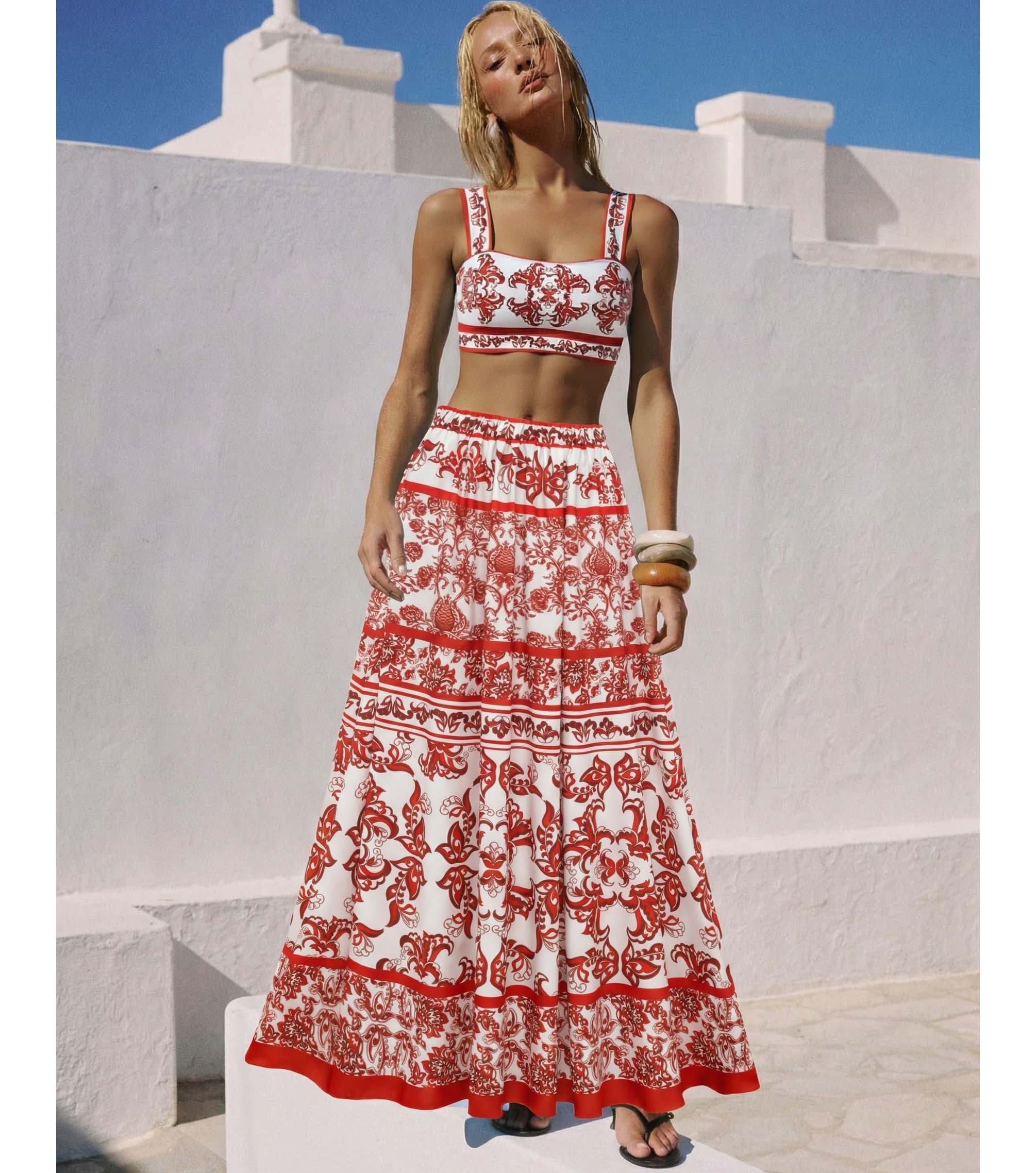 Plus Size Red Flower Totem Pattern Print Bikini and Skirt