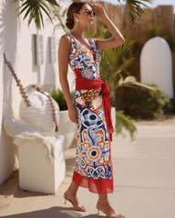 Plus Size V Nack Printed One Piece Swimsuit and Sarong Flaxmaker