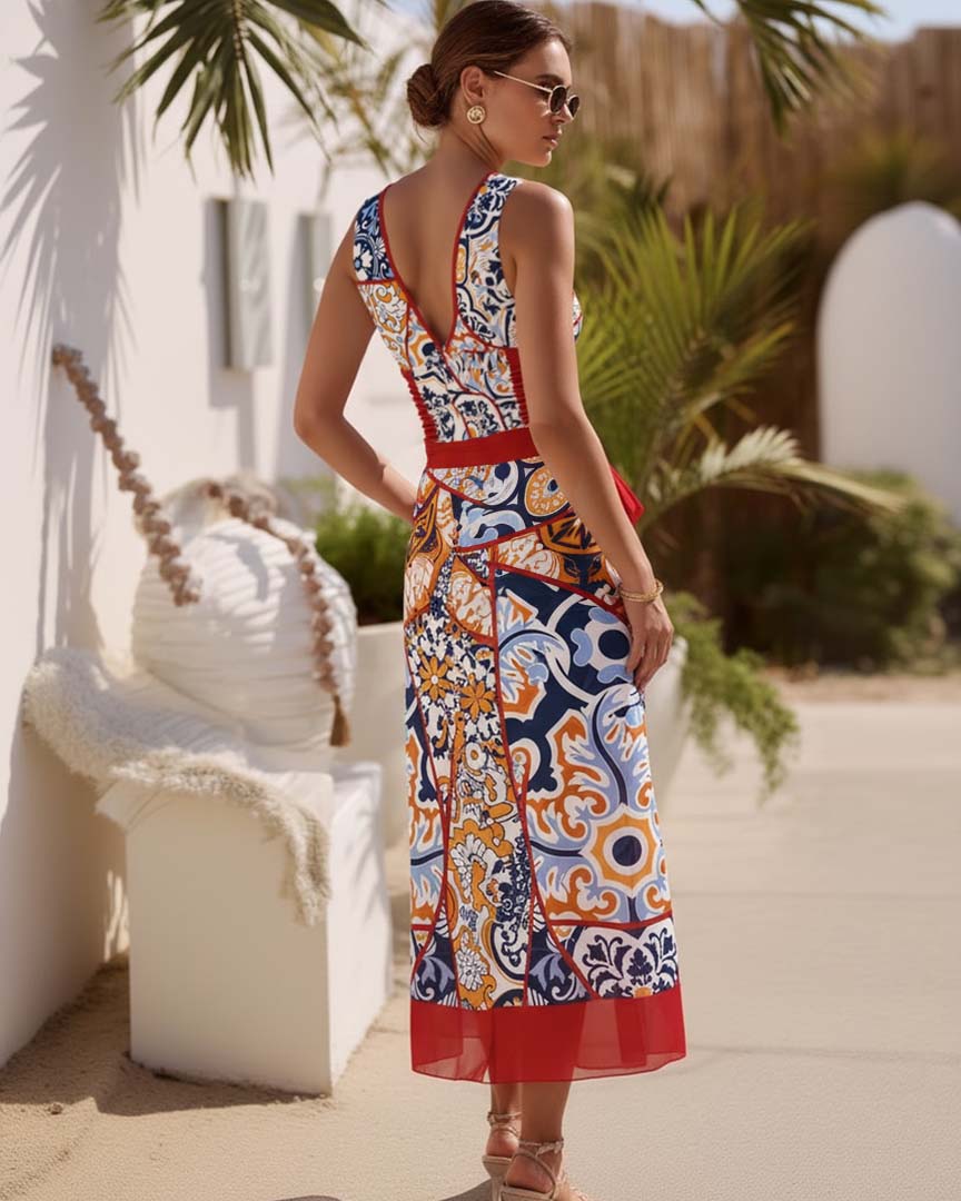Plus Size V Nack Printed One Piece Swimsuit and Sarong Flaxmaker