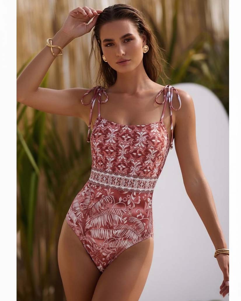 Plus Size Tie-up Retro Forest Print One Piece Swimsuit and Skirt