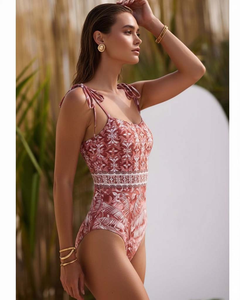 Plus Size Tie-up Retro Forest Print One Piece Swimsuit and Skirt