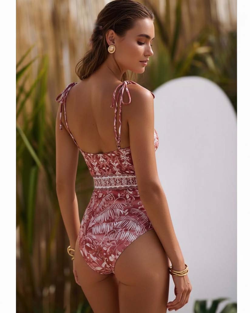 Plus Size Tie-up Retro Forest Print One Piece Swimsuit and Skirt