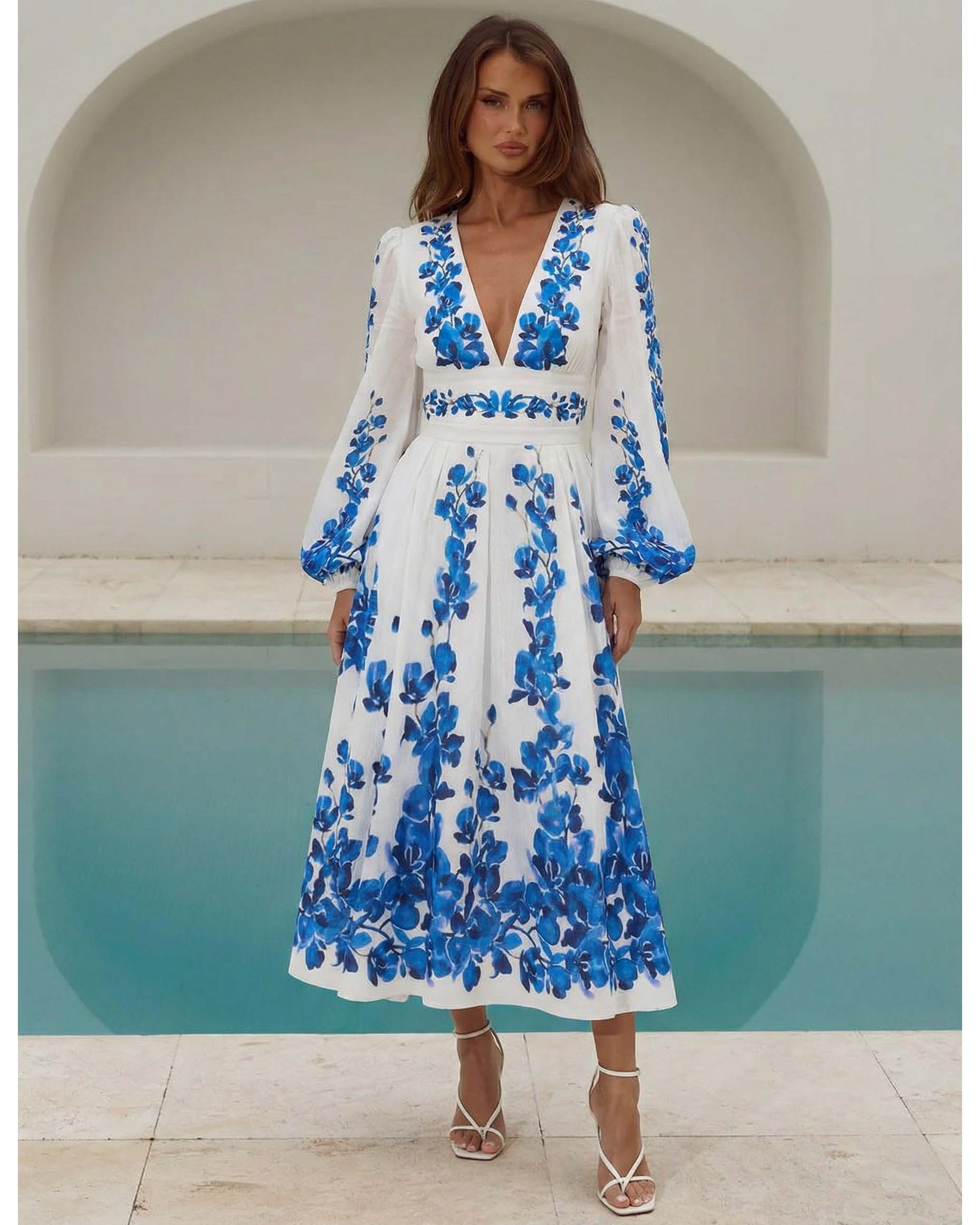 Plus Size Printed Long-sleeved One Piece Swimsuit and Skirt