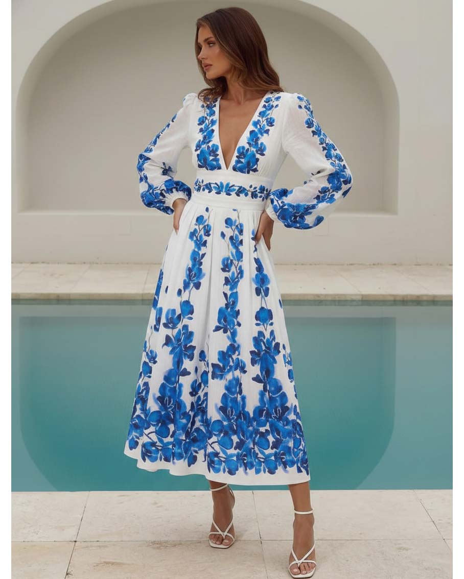 Plus Size Printed Long-sleeved One Piece Swimsuit and Skirt