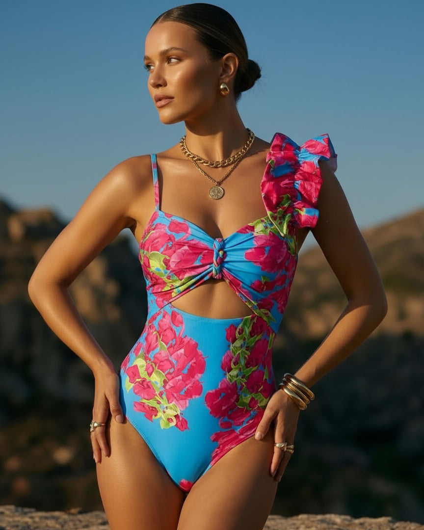 Plus Size Ruffle Removable Shoulder Strap Pink Bougainvillea Flower Swimsuit and Skirt