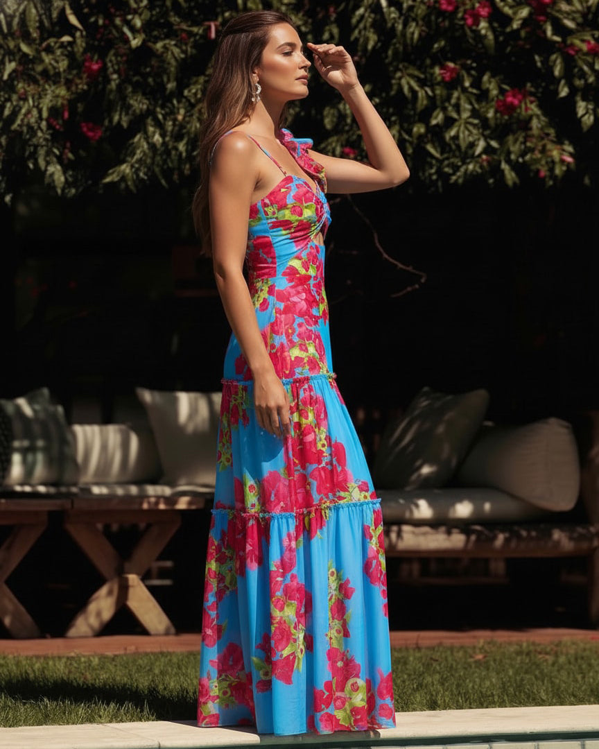 Plus Size Ruffle Removable Shoulder Strap Pink Bougainvillea Flower Swimsuit and Skirt