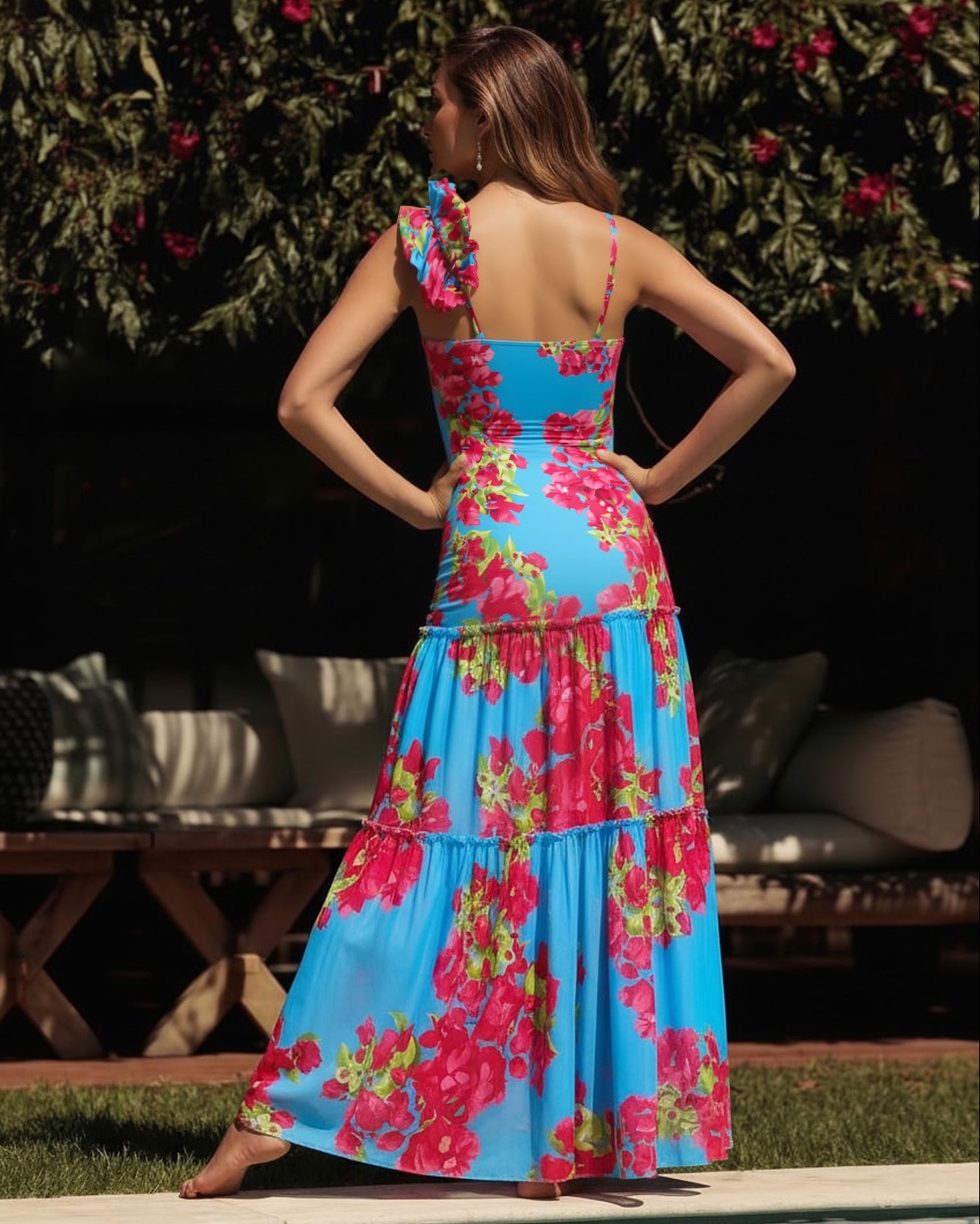 Plus Size Ruffle Removable Shoulder Strap Pink Bougainvillea Flower Swimsuit and Skirt