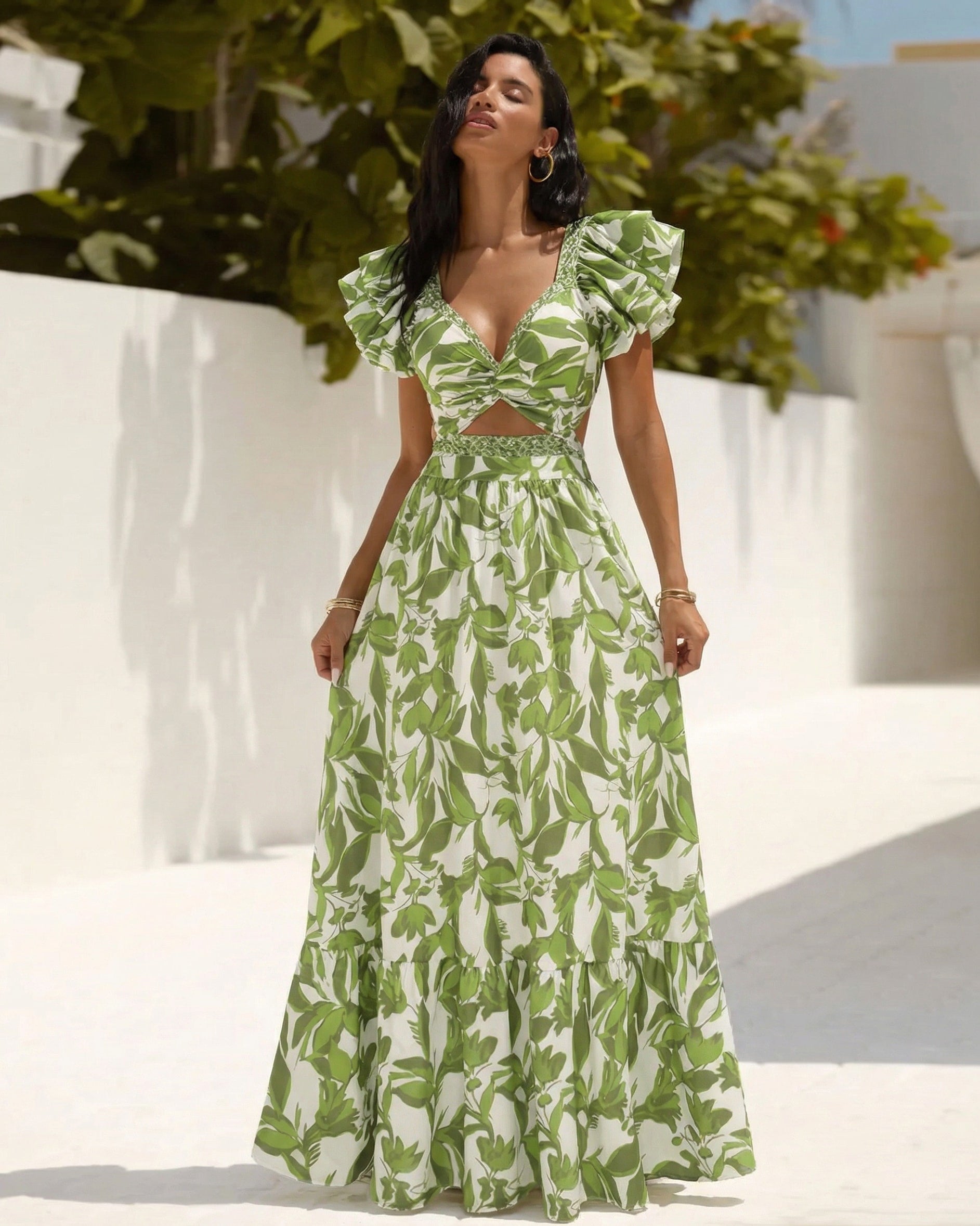 Plus Size Ruffle V Neck Green Print Cut Out Swimsuit Set(s)