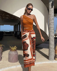 Plus Size One Shoulder Ruched Rust See Through One Piece Swimsuit and Sarong