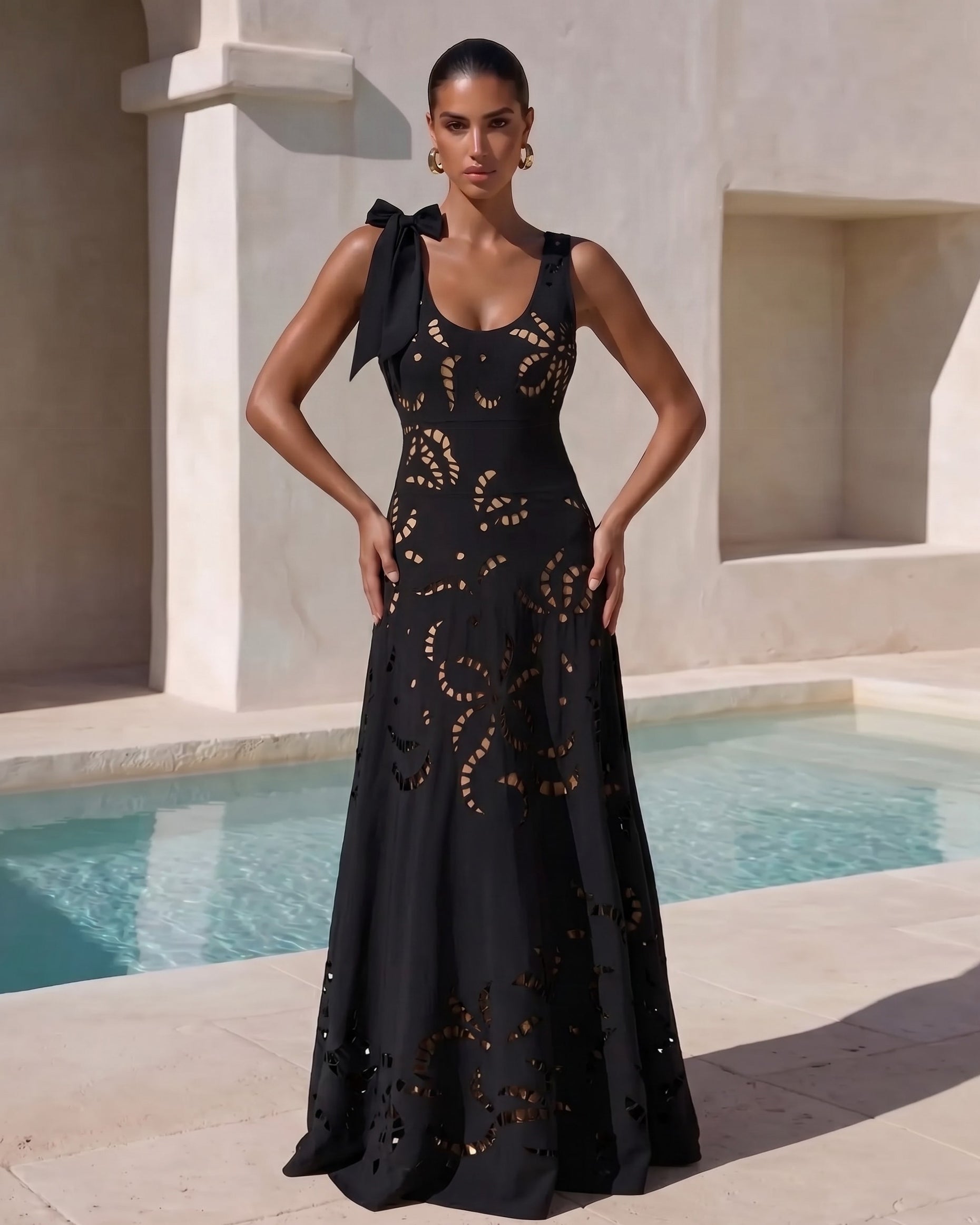 Plus Size Bow-detailed Black Laser Cutting Flower Swimsuit Set(s)