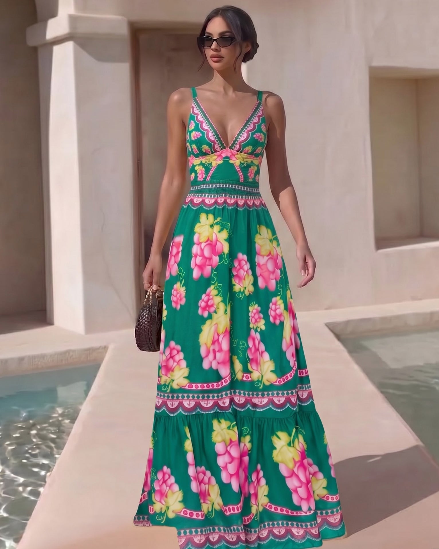 Plus Size Deep V Retro Green Grapes Print One Piece Swimsuit and Skirt