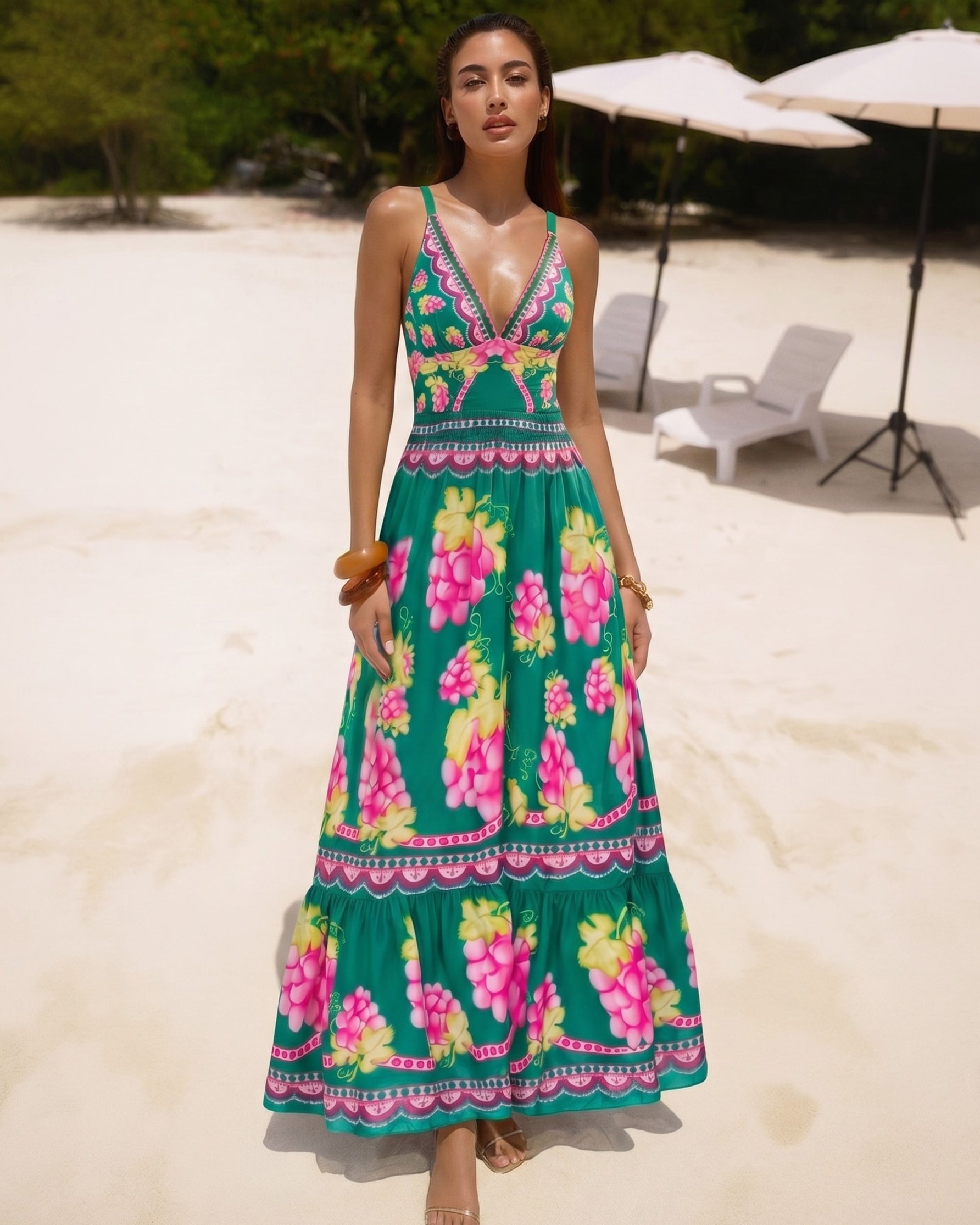 Plus Size Deep V Retro Green Grapes Print One Piece Swimsuit and Skirt