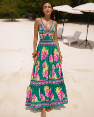 Deep V Retro Green Grapes Print One Piece Swimsuit and Skirt