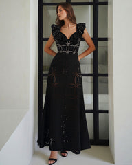 Underwired Black Ruffle Laser Cutting Flower One Piece Swimsuit and Skirt