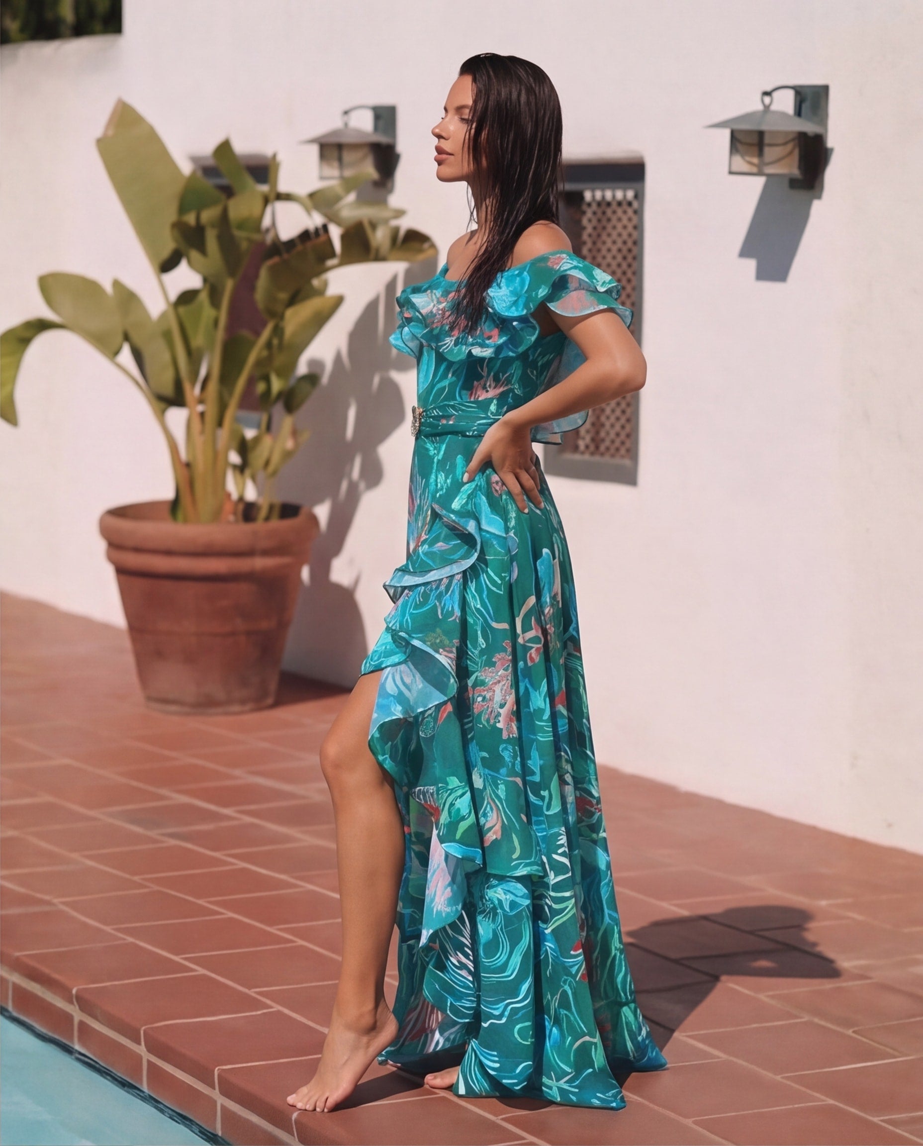 Removable Shoulder Strap Off Shoulder Marine Organism One Piece Swimsuit and Skirt