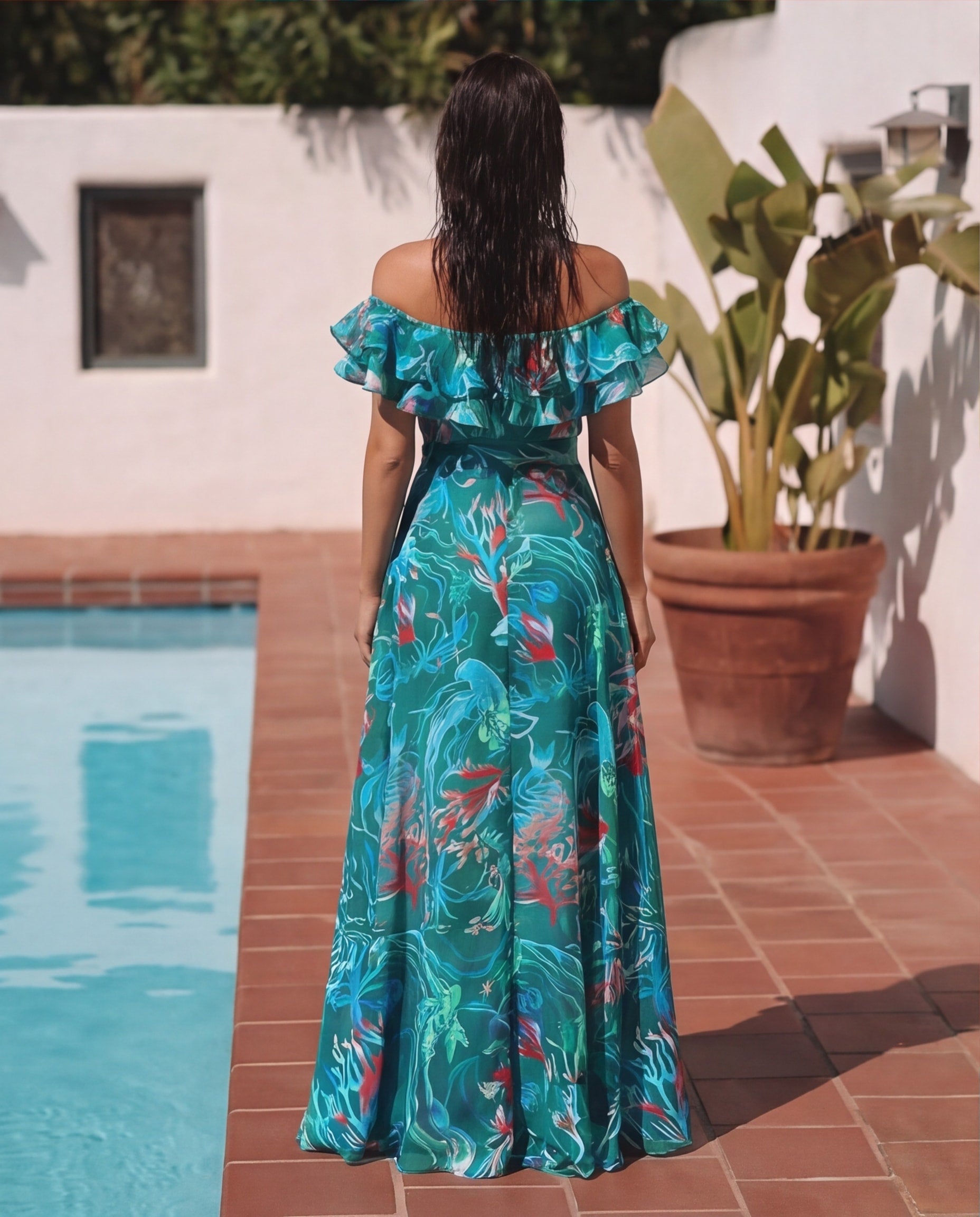 Removable Shoulder Strap Off Shoulder Marine Organism One Piece Swimsuit and Skirt
