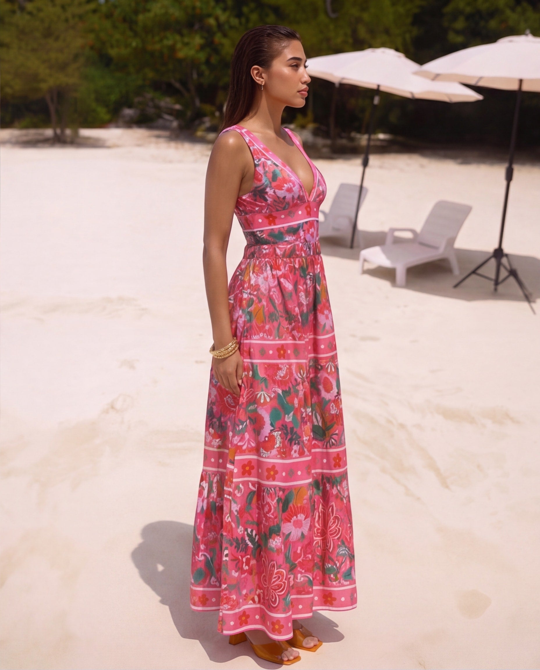 Pink Floral Paradise Print V-neck One Piece Swimsuit and Skirt
