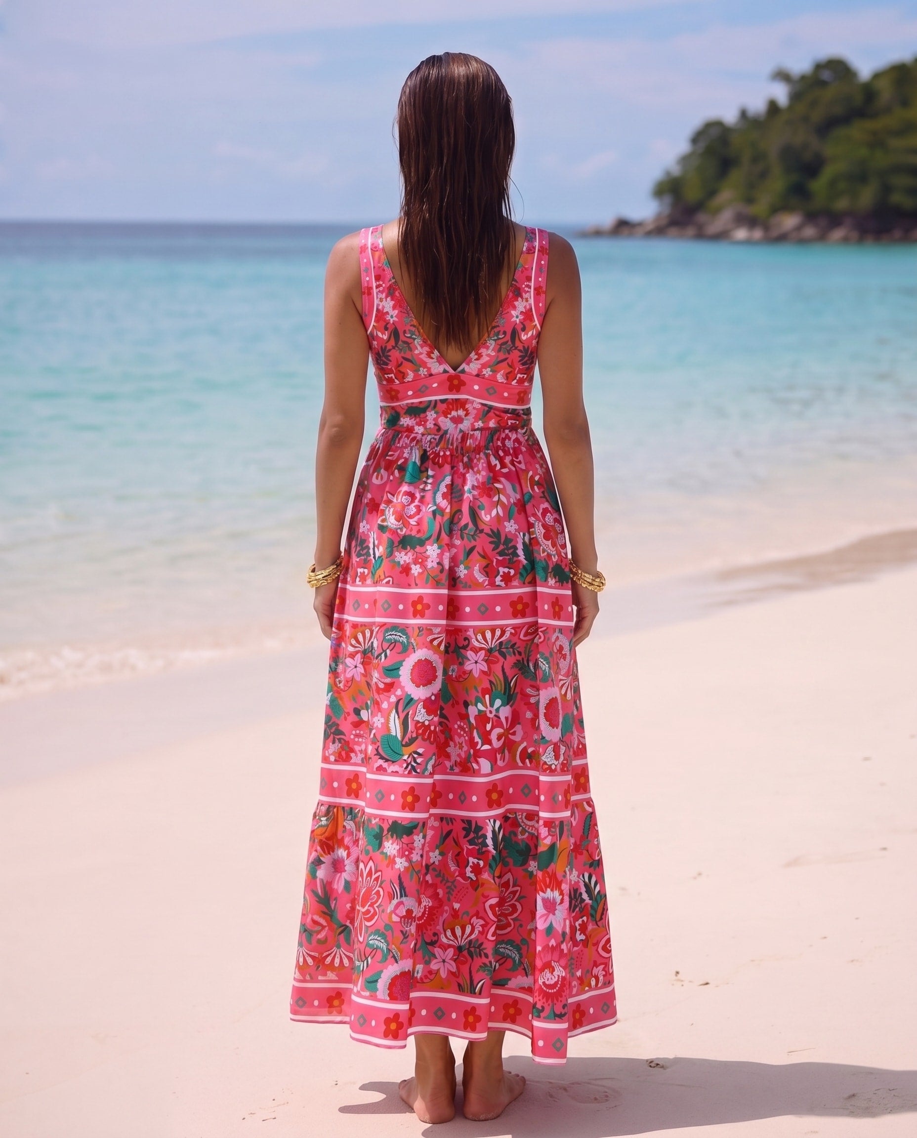 Pink Floral Paradise Print V-neck One Piece Swimsuit and Skirt