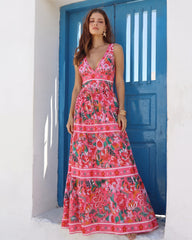 Pink Floral Paradise Print V-neck One Piece Swimsuit and Skirt
