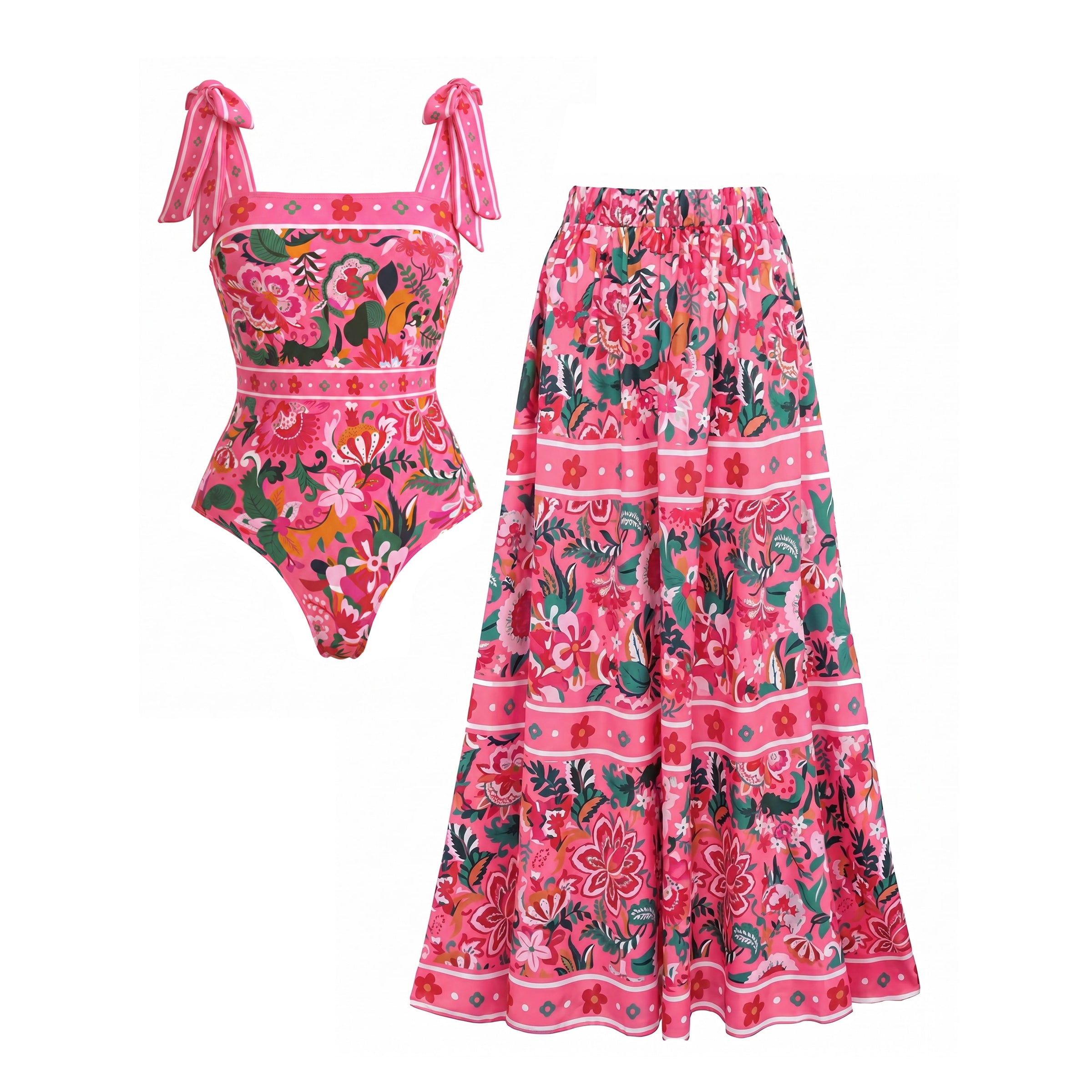 Plus Size Pink Floral Paradise Print One Piece Swimsuit and Skirt