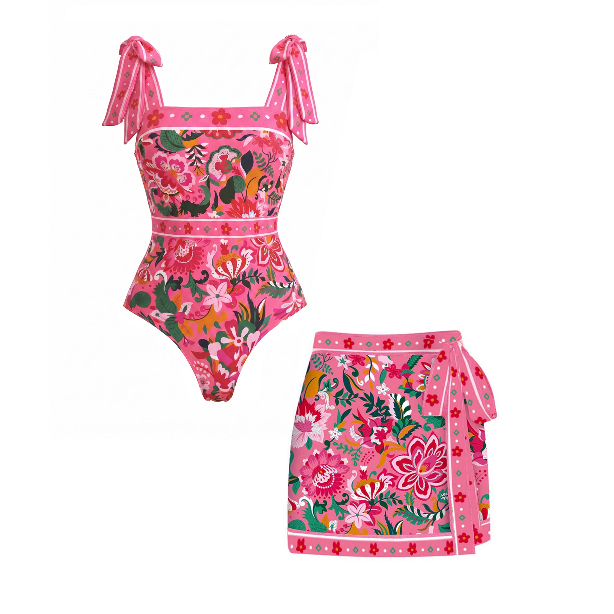 Plus Size Pink Floral Paradise Print One Piece Swimsuit and Skirt
