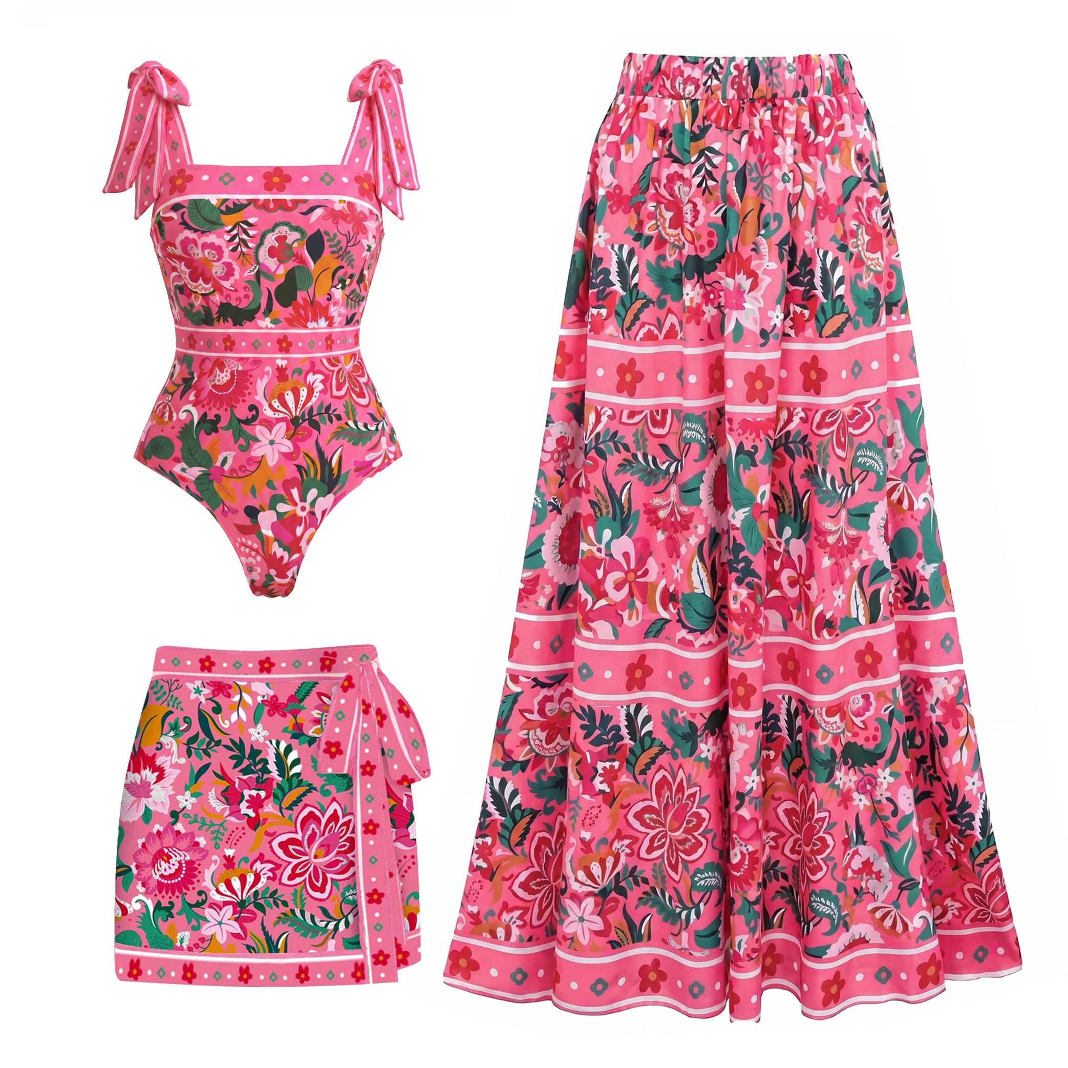 Plus Size Pink Floral Paradise Print One Piece Swimsuit and Skirt