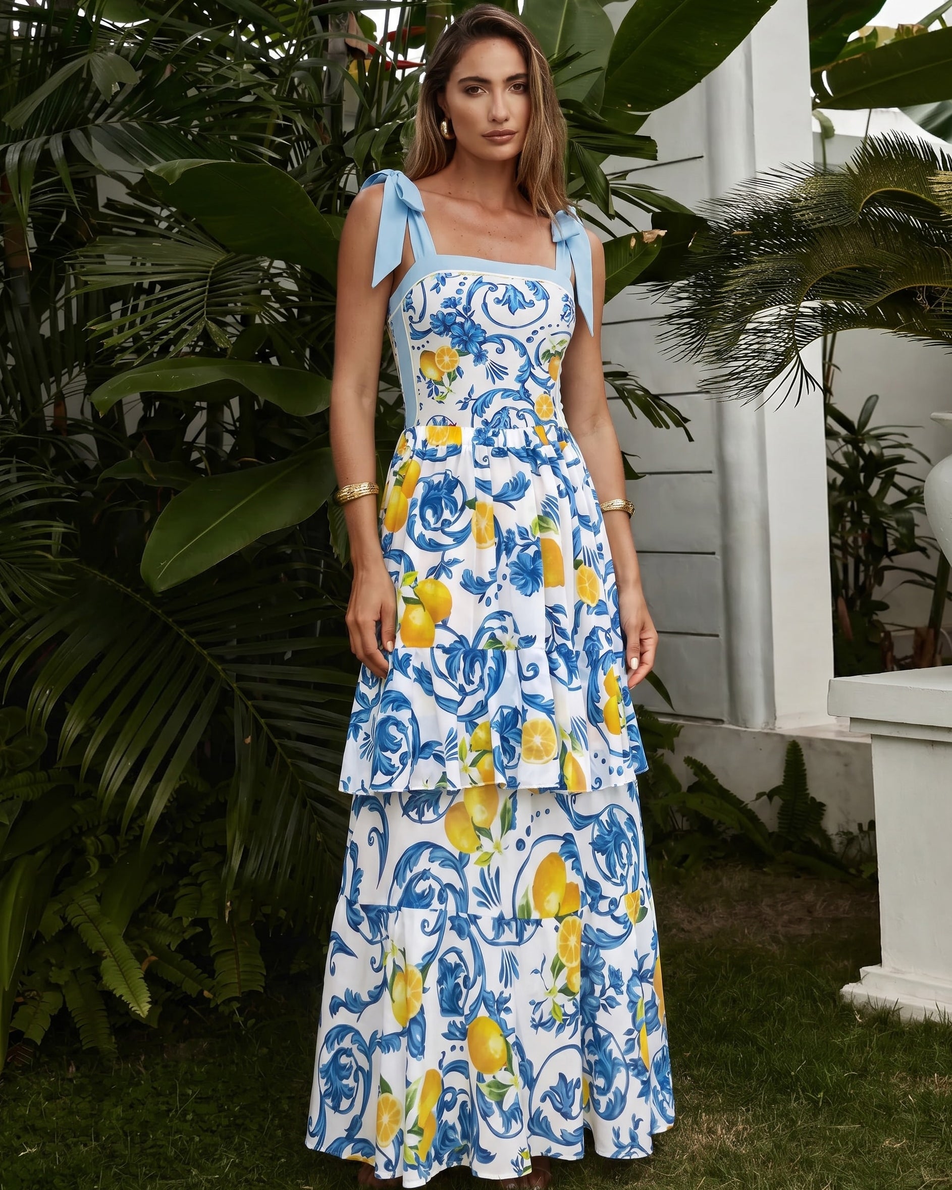 Plus Size Lemon Print Tie-shoulder One Piece Swimsuit and Sarong or Skirt Flaxmaker