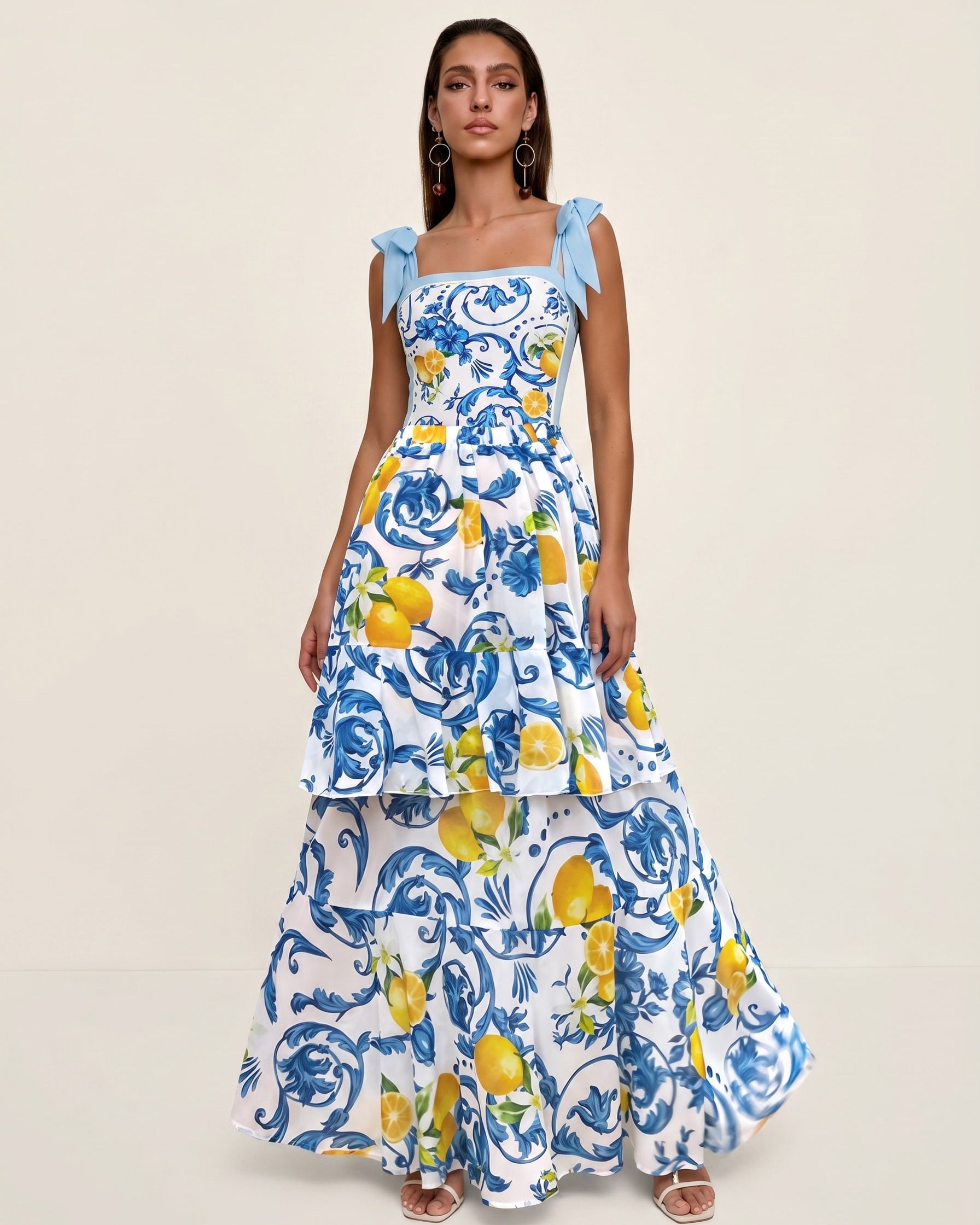 Plus Size Lemon Print Tie-shoulder One Piece Swimsuit and Sarong or Skirt Flaxmaker