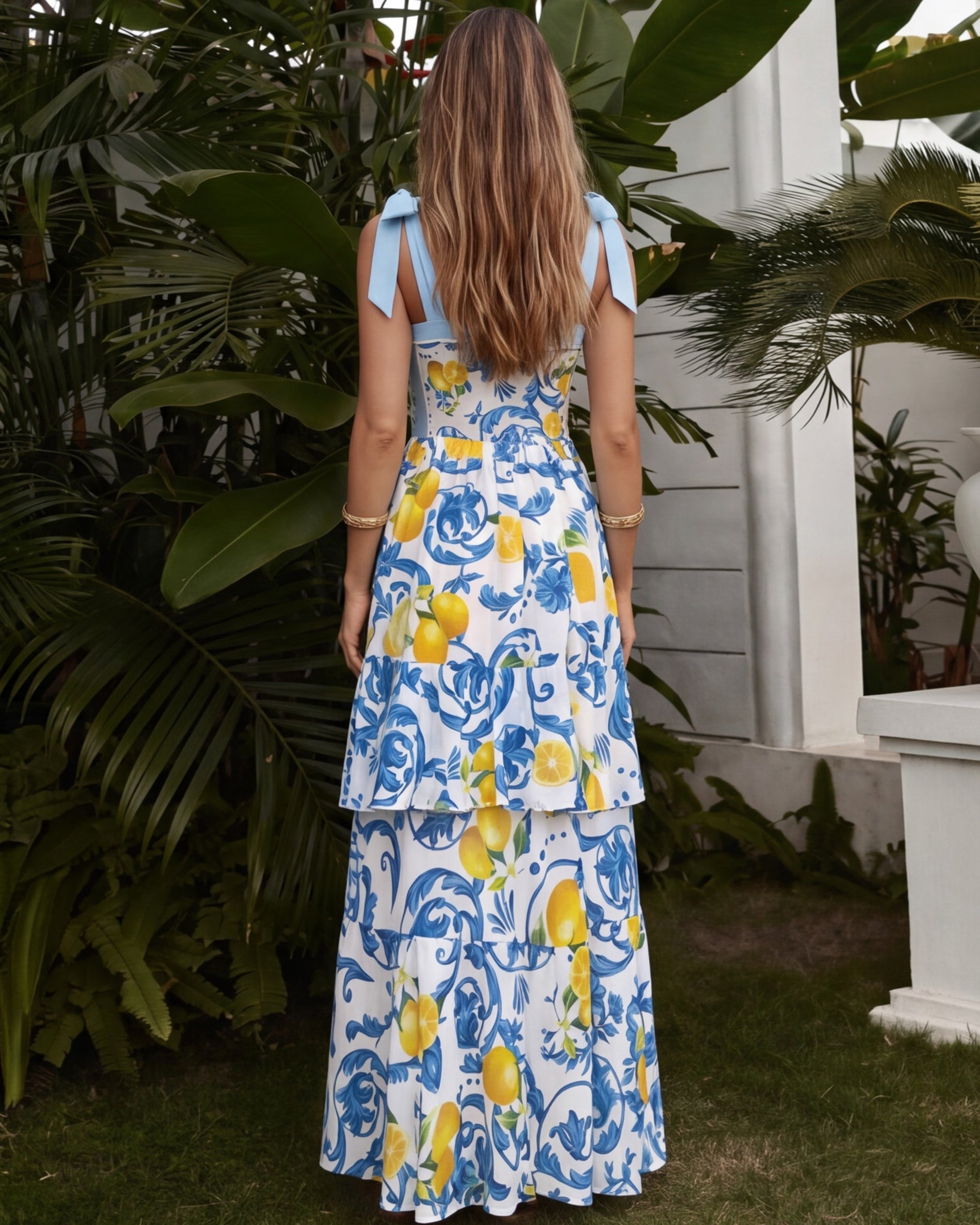 Plus Size Lemon Print Tie-shoulder One Piece Swimsuit and Sarong or Skirt Flaxmaker