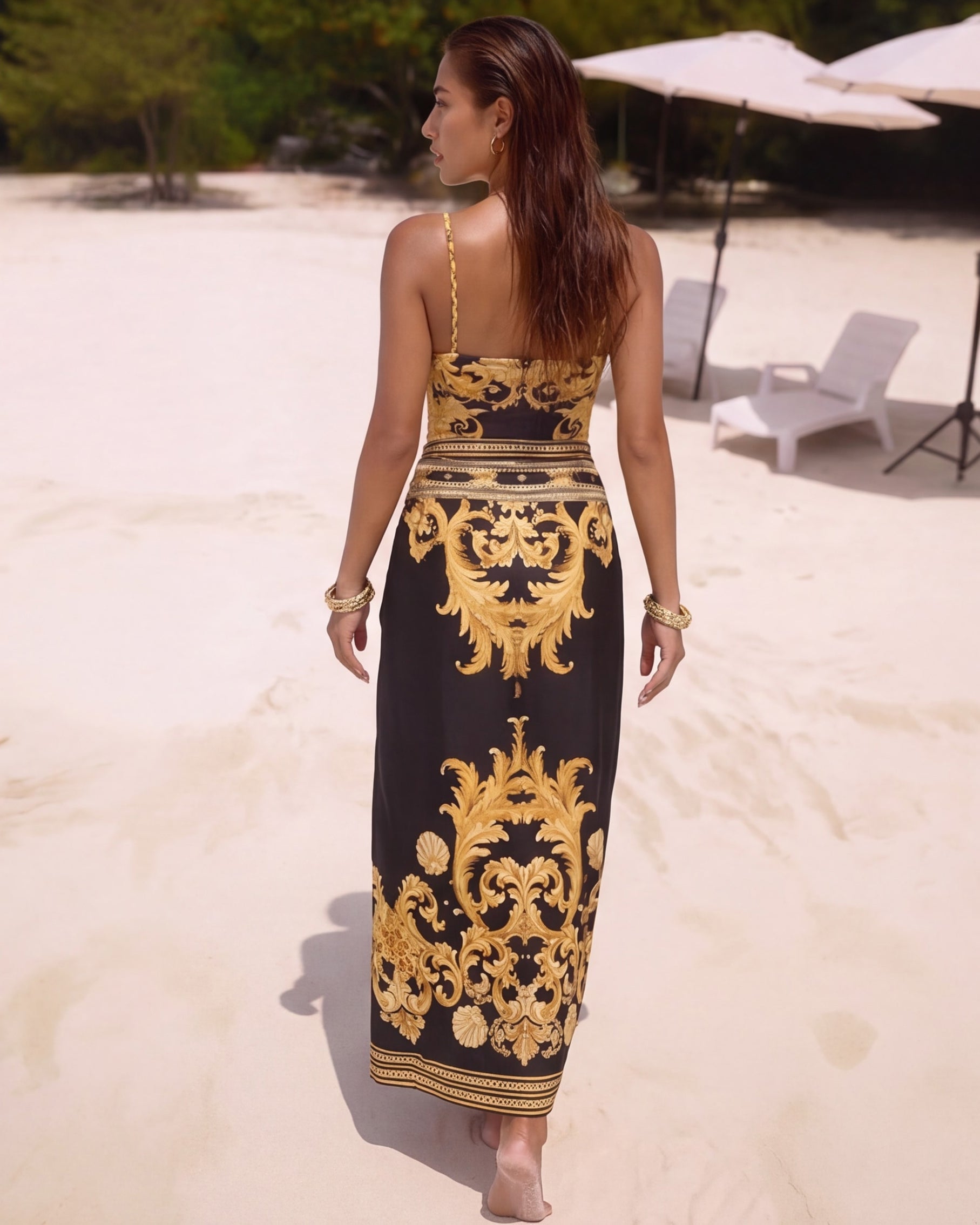 Vintage Black Gold Baroque Print Metal chain small V-neck One Piece Swimsuit and Skirt