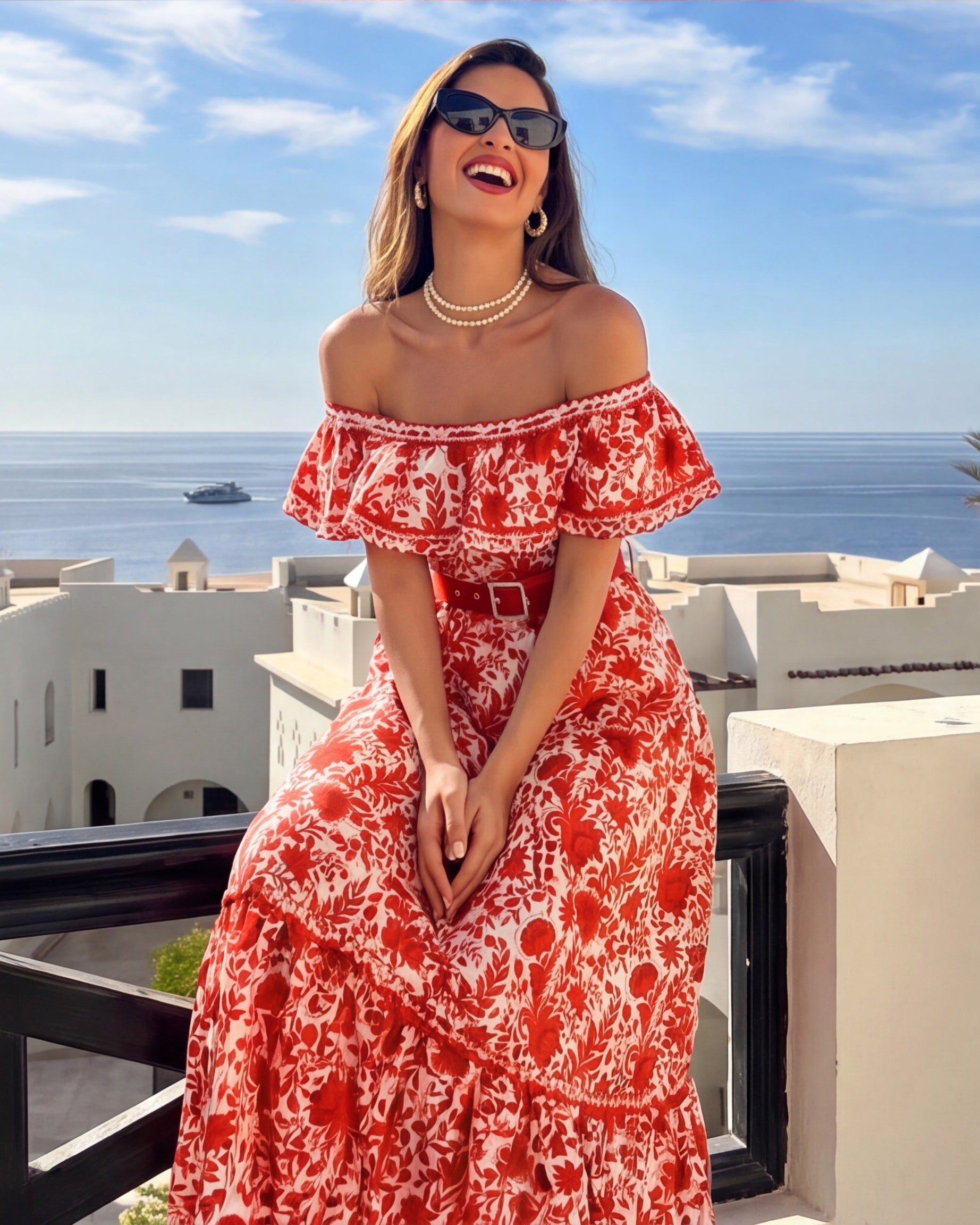 Bandeau Ruffled Red Flower Silhouette Print One Piece Swimsuit and Skirt