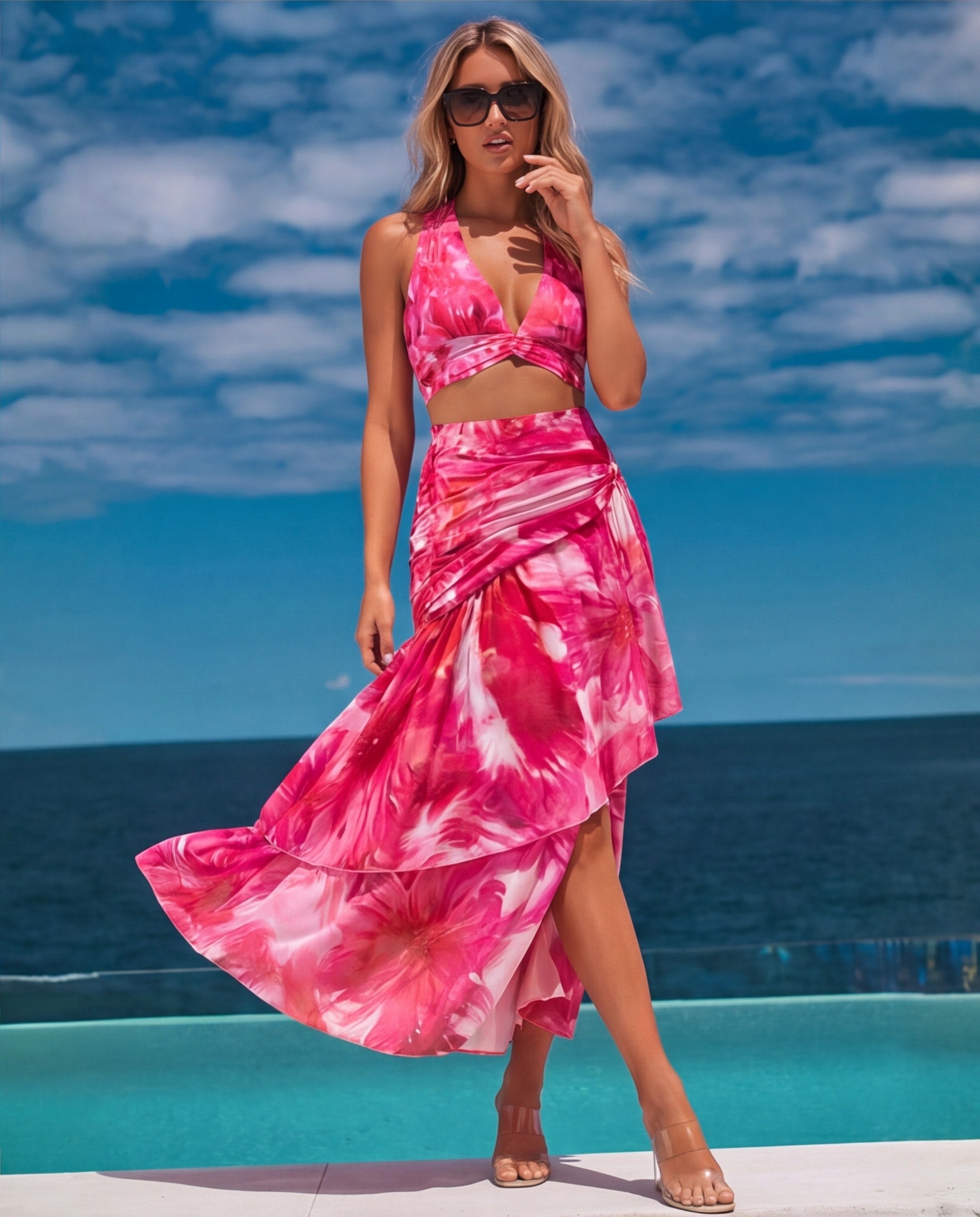 Floral Printed Halter Bikini Swimsuit and Skirt