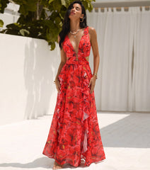 Blooming Red Flower Print Cut Out One Piece Swimsuit and Skirt